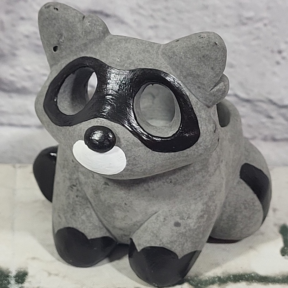 Raccoon Tea Light Candle Holder Ceramic‎ Painted Flickering Eyes When In Use